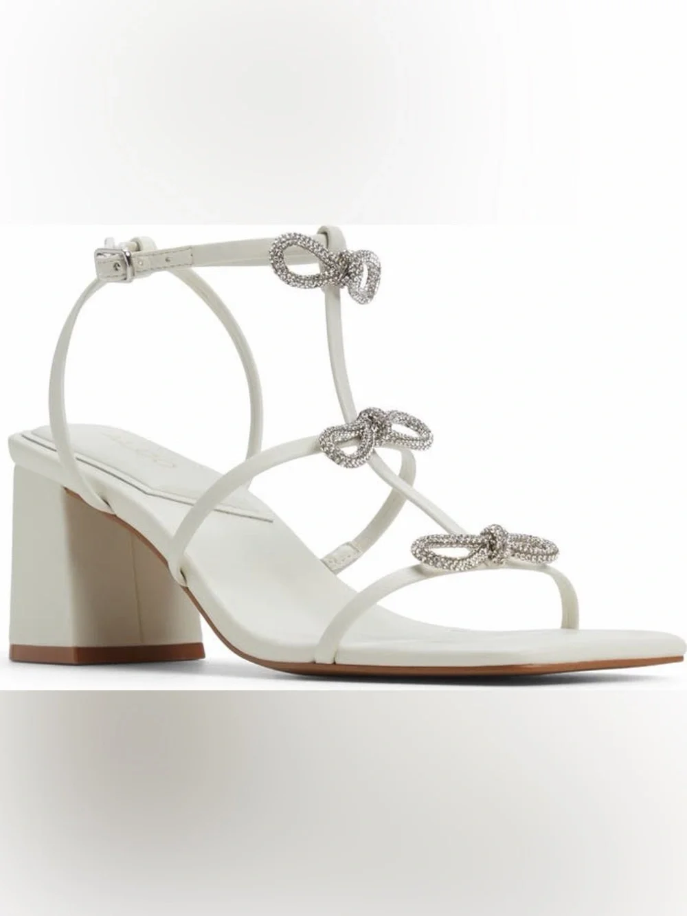 NEW! ALDO Kaeli Ankle Strap Sandal White Rhinestone Bows & Chunky Heel NIB Sz 10